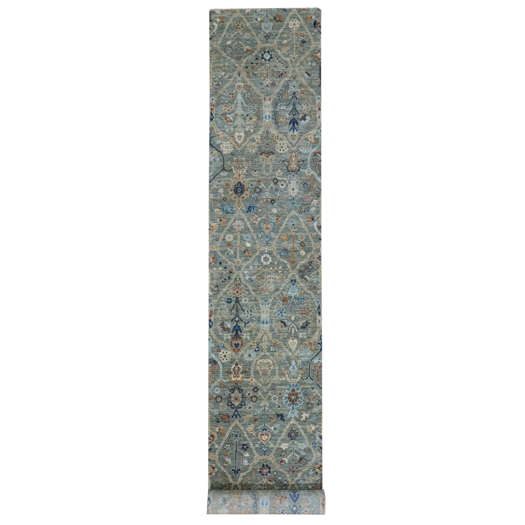 2'6"x25'10" Sage Green, Trellis Borderless Garden Design, Agra, Hand Knotted, Hand Spun New Zealand Wool, Narrow and XL Runner, Oriental Rug 